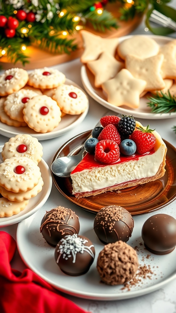 A selection of low sugar Christmas desserts including cookies, cheesecake, and truffles on a festive table.
